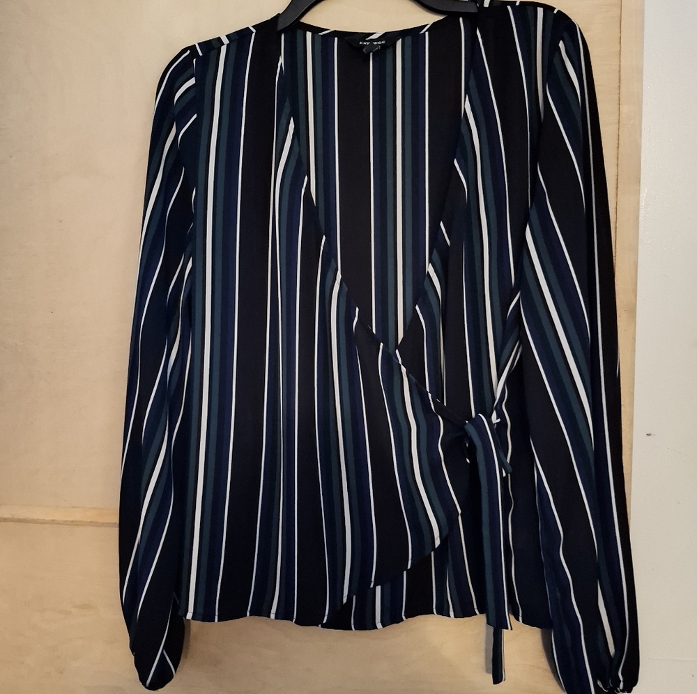 Express black and green striped blouse. Ties in front